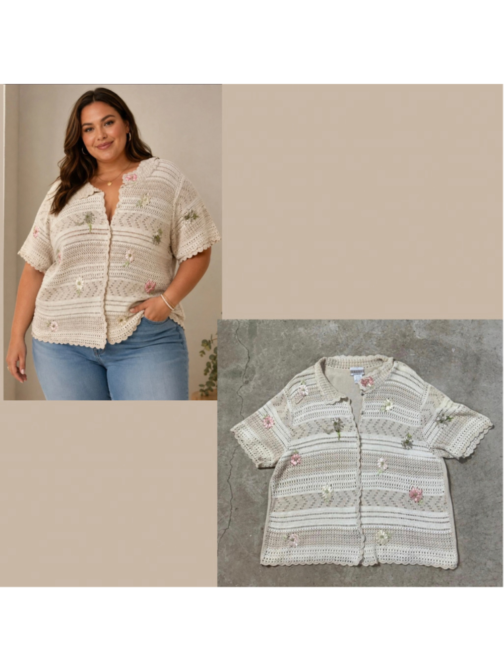 Vintage Cardigan Sweater Women’s 4X Brown Crochet Floral Accents Long Sleeve